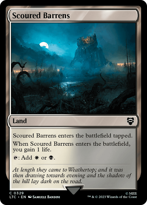 The Magic: The Gathering card "Scoured Barrens [The Lord of the Rings: Tales of Middle-Earth Commander]" illustrates a dark, eerie landscape featuring a distant, ominous castle perched atop a hill under a moonlit sky with swirling clouds. Perfect for Commander decks, this Land type card enters the battlefield tapped, grants 1 life upon entry, and taps for either white or black mana.