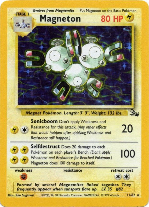 A **Magneton (11/62) [Fossil Unlimited]** Pokémon trading card from the Fossil Unlimited series. Magneton has 80 HP, with two moves: Sonicboom, dealing 20 damage, and Selfdestruct, dealing 100 damage but also knocking out Magneton. The card includes stats like length, weight, weaknesses to Lightning types, and resistances. Card number: 11/62.