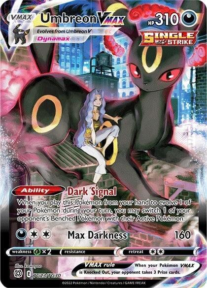 A Pokémon Umbreon VMAX (TG23/TG30) [Sword & Shield: Brilliant Stars] from the Sword & Shield series, featuring a Secret Rare with 310 HP. The card showcases Umbreon with glowing red eyes and rings, alongside a female figure with long white hair. It includes Dynamax, Dark Signal, and Max Darkness moves at 160 strength.