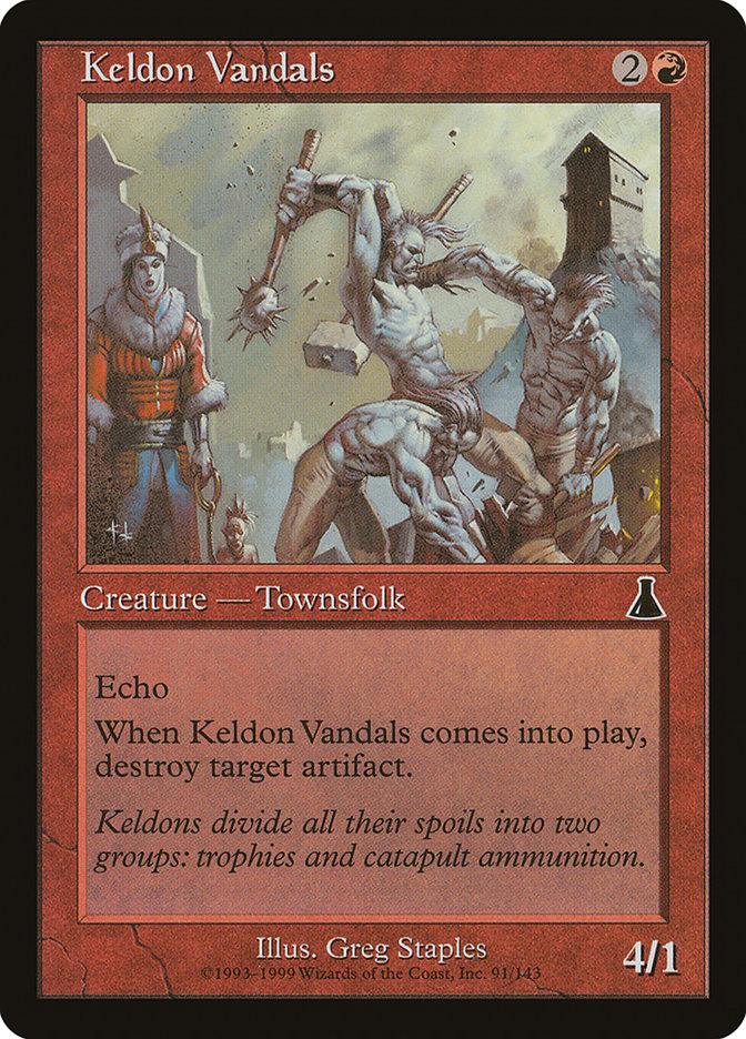 The image is a Magic: The Gathering card titled "Keldon Vandals [Urza's Destiny]." The artwork, illustrated by Greg Staples, depicts muscular warriors, including one wielding a flail, set amidst ruins. This red card with a mana cost of 2R features text about Echo and has the ability to destroy a target artifact. Its stats are 4/1.