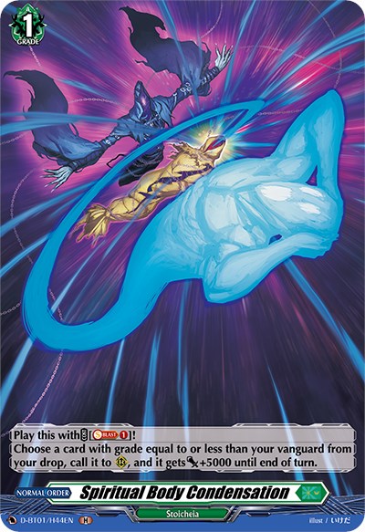 The fantasy trading card, named "Spiritual Body Condensation (D-BT01/H44EN) [Genesis of the Five Greats]" from Bushiroad, portrays a character engulfed in glowing blue energy as they summon a spectral wolf-like creature. Two shadowy figures resembling the Abyss Dragon loom above, casting the spell amidst a background filled with dynamic, swirling energy.