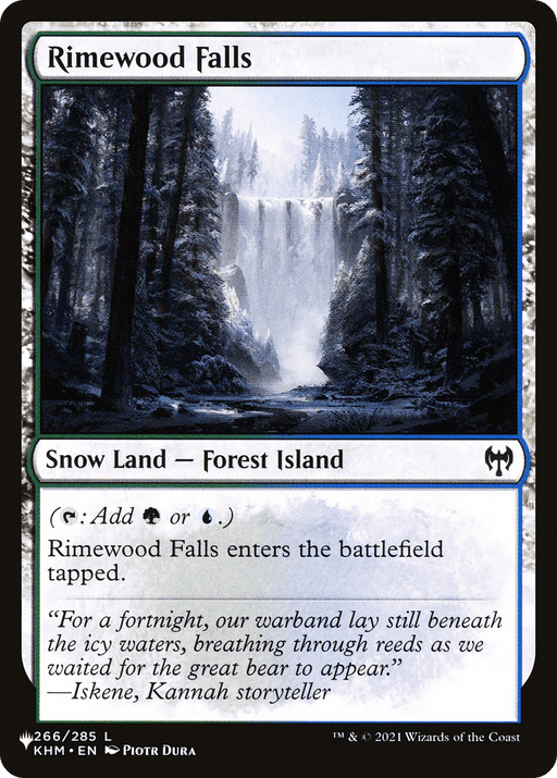 A Magic: The Gathering card titled "Rimewood Falls" from the Secret Lair: From Cute to Brute collection. It portrays a snow-covered forest with a waterfall cascading into a pool among tall trees. The text reads "Snow Land — Forest Island," and it can be tapped to add green or blue mana. A quote at the bottom alludes to the great bear's appearance.