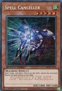 A Yu-Gi-Oh! trading card named Spell Canceller (Secret) [SBCB-EN174] Secret Rare. This Secret Rare card features a mechanical insect-like creature with multiple legs and wings emitting a holographic glow. As an Effect Monster with ATK of 1800 and DEF of 1600, it negates all Spell Cards in play.