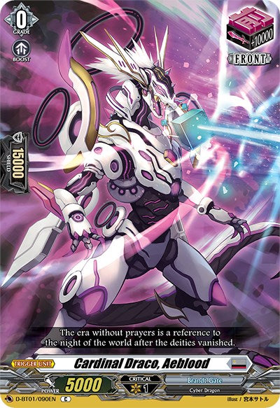 A futuristic dragon-like character, Cardinal Draco, Aeblood (D-BT01/090EN) [Genesis of the Five Greats], stands in a dynamic pose, emitting energy and wielding sharp, glowing pink blades. The card text reads, "The era without prayers is a reference to the night of the world after the deities vanished." This impressive card is part of Bushiroad's Genesis of the Five Greats series, with its stats and other details displayed prominently around it.