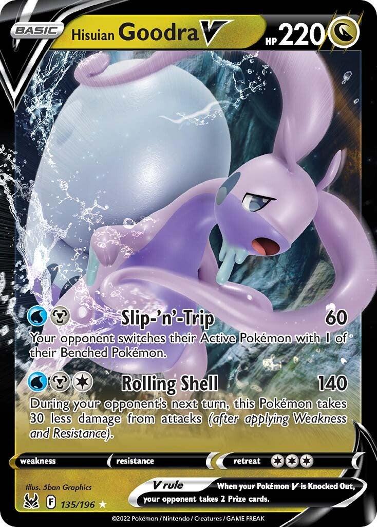 A Pokémon Hisuian Goodra V (135/196) [Sword & Shield: Lost Origin] card. The card showcases a dragon-like creature with a purple, slimy body and an extended tail. Goodra's moves include 