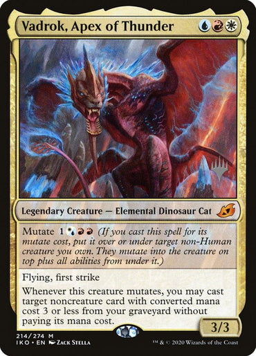 A Magic: The Gathering card titled "Vadrok, Apex of Thunder (Promo Pack)" from Ikoria: Lair of Behemoths Promos. It is a Legendary Creature - Elemental Dinosaur Cat with 3/3 power and toughness. Featuring flying, first strike, and mutate abilities, it lets you cast a noncreature card with converted mana cost 3 or less from the graveyard when mutated.
