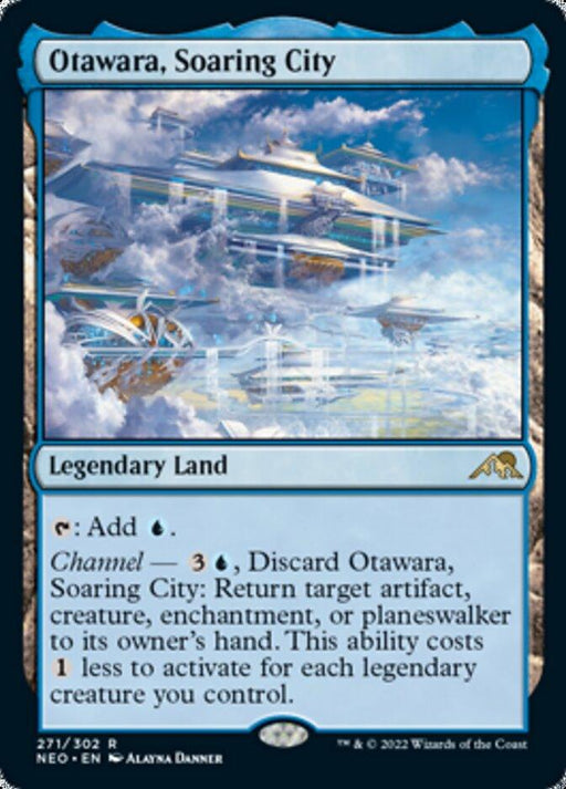 An image of a Magic: The Gathering card from Kamigawa: Neon Dynasty. Named "Otawara, Soaring City [Kamigawa: Neon Dynasty]," this Rare Legendary Land floats among clouds, offering abilities like adding blue mana and a Channel ability to return a permanent to its owner's hand.