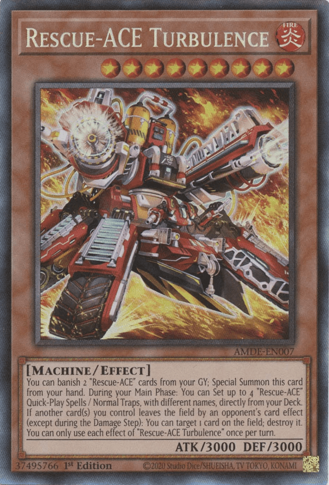 The image shows the Yu-Gi-Oh! trading card "Rescue-ACE Turbulence [AMDE-EN007] Collector's Rare," an Effect Monster. The card features a mechanical, humanoid figure with red and white armor, wielding two large guns amidst fiery explosions. With 3000 ATK and 3000 DEF, it is a FIRE attribute Level 9 Machine/Effect card and is available as a Collector's Rare.