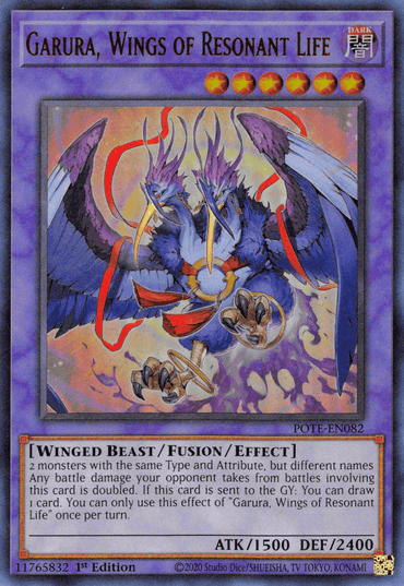 A Yu-Gi-Oh! card titled "Garura, Wings of Resonant Life [POTE-EN082] Ultra Rare." This Fusion/Effect Monster depicts a winged beast with dark feathers, glowing blue accents, and purple, flame-like hair. It holds a golden ring with two blades. The card is of rarity "Ultra Rare" and has 1500 ATK and 2400 DEF points.