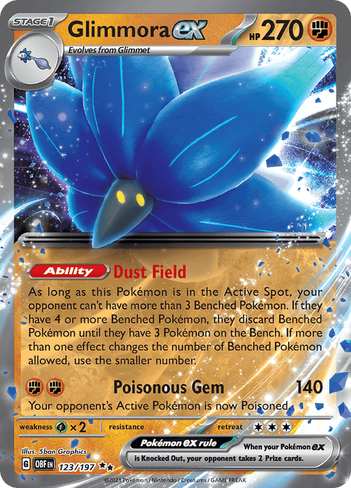 Image of a Double Rare Pokémon trading card from the Scarlet & Violet series. The Pokémon is Glimmora ex (123/197) [Scarlet & Violet: Obsidian Flames] with 270 HP and evolves from Glimmet. Its ability is "Dust Field," and it has an attack called "Poisonous Gem" that causes 140 damage and poisons the opponent's Active Pokémon. The card's number is 123/197.