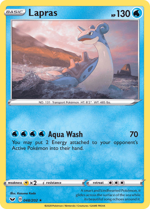 A Pokémon card featuring Lapras, a Rare Water Type Pokémon depicted as a large, blue sea creature with a shell on its back, swimming in the ocean. The card shows Lapras has 130 HP and an ability called "Aqua Wash," which does 70 damage. Text below reads: "A smart and kindhearted Pokémon... echoes around it. This is the Lapras (048/202) [Sword & Shield: Base Set] from Pokémon.