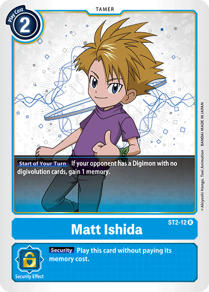 This Tamer card, Matt Ishida [ST2-12] from the Digimon Starter Deck: Cocytus Blue, showcases an illustration of a blond anime character named Matt Ishida. He is depicted with a confident expression and wearing a purple shirt against a digital-themed background. The card features blue borders and includes information about gaining memory when the opponent's Digimon lacks digivolution cards.