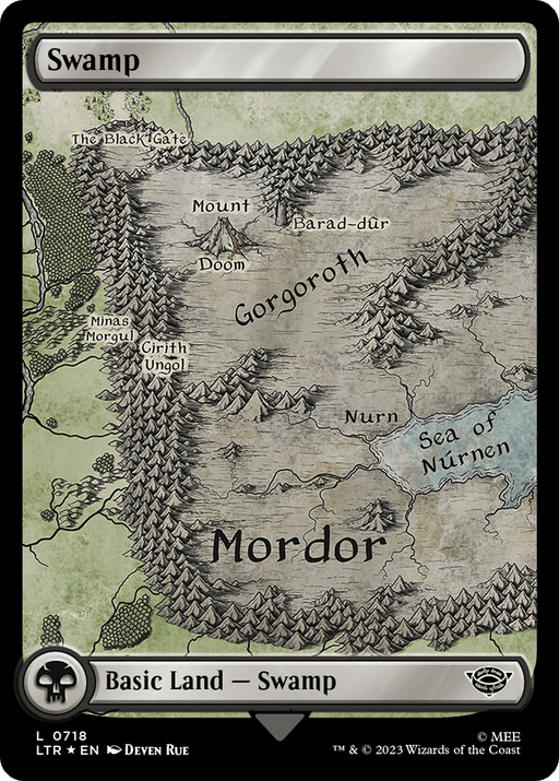 A trading card depicts a map labeled "Swamp," with detailed grayscale artwork. The map features regions from Mordor, including Gorgoroth, Nurn, and Mount Doom from Tales of Middle-Earth. Bordered with text at the bottom: "Basic Land – Swamp." Copyright details are included. This card is Swamp (0718) (Surge Foil) [The Lord of the Rings: Tales of Middle-Earth] from Magic: The Gathering.
