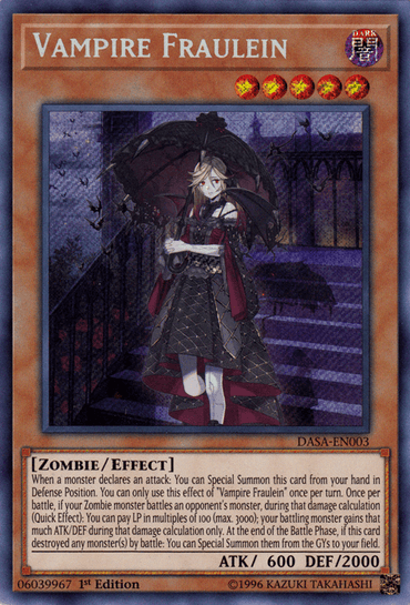 A Yu-Gi-Oh! trading card titled "Vampire Fraulein [DASA-EN003] Secret Rare," featuring a gothic, vampire-like woman holding a black parasol. She has pale skin, long blonde hair, and is dressed in a dark, elaborate dress. This Secret Rare Effect Monster belongs to the "Dark" attribute with stats: ATK 600 and DEF 2000. Marked "DASA.