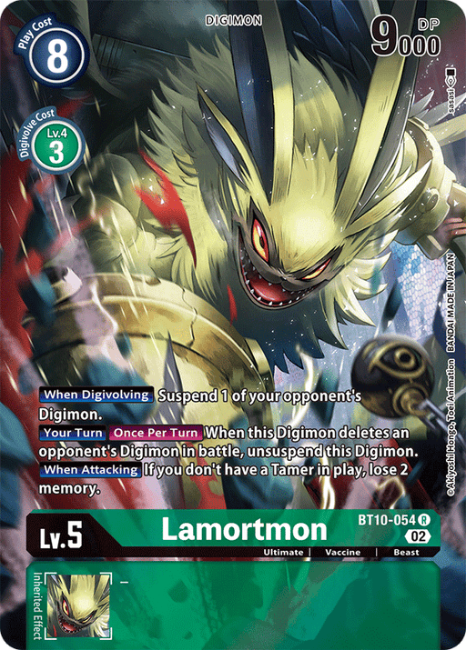 Product Name: Lamortmon [BT10-054] (Alternate Art) [Xros Encounter]

Brand Name: Digimon

A rare trading card featuring Lamortmon, a ferocious wolf-like Digimon with a dark green and yellow mane, red eyes, and sharp claws. The card has a blue Play Cost of 8, a Digivolve Cost of 3, and 9000 DP. Lamortmon is an Ultimate Vaccine Digimon with special abilities detailed in the text below.