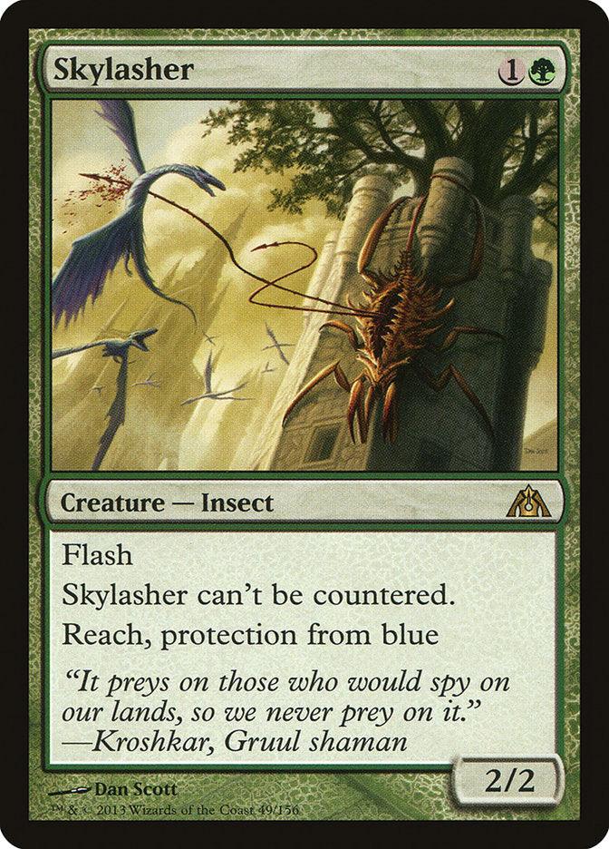 The Magic: The Gathering card, "Skylasher [Dragon's Maze]," illustrated by Dan Scott, depicts a powerful winged insect navigating through a scene of buildings perched on stilts. It features abilities such as "Flash" and "Skylasher can't be countered," accompanied by a quote from Kroskhar, Gruul shaman.