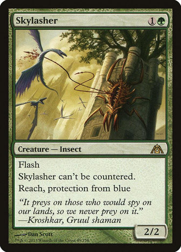 The Magic: The Gathering card, "Skylasher [Dragon's Maze]," illustrated by Dan Scott, depicts a powerful winged insect navigating through a scene of buildings perched on stilts. It features abilities such as "Flash" and "Skylasher can't be countered," accompanied by a quote from Kroskhar, Gruul shaman.