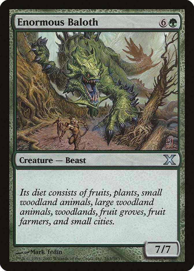 The Magic: The Gathering card "Enormous Baloth [Tenth Edition]" depicts a menacing green beast with sharp claws and teeth, surging through the forest. This creature requires 6 generic and 1 green mana to summon and features an impressive power and toughness of 7/7, accompanied by text that describes its voracious appetite.