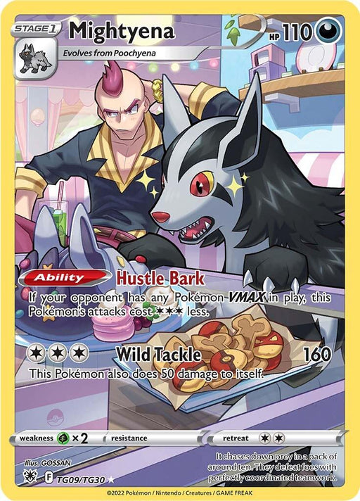 A Pokémon card from the Sword & Shield: Astral Radiance set featuring Mightyena. With fierce red eyes, gray fur with black markings, and in a mid-roar stance, it exudes pure darkness. The background showcases a trainer with a pink mohawk and yellow shirt. The card details its HP (110), abilities "Hustle Bark" and "Wild Tackle."

Product Name: Mightyena (TG09/TG30) [Sword & Shield: Astral Radiance]
Brand Name: Pokémon