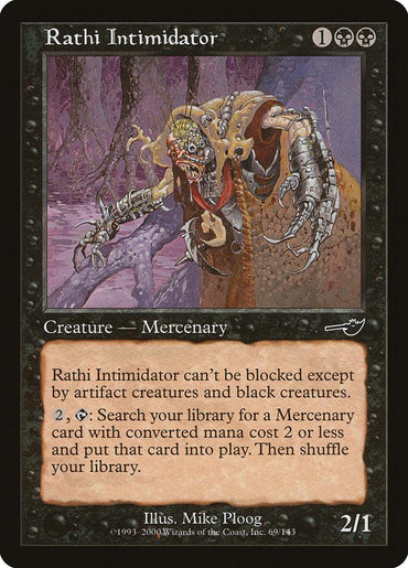 The image showcases the "Rathi Intimidator [Nemesis]" card from Magic: The Gathering. It's a black Mercenary creature costing 1 generic, 1 black, and 1 red mana with abilities for unblockability and library searching, having 2 power and 1 toughness.