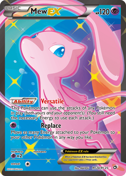 A colorful Pokémon card featuring Mew EX (RC24/RC25) [Black & White: Legendary Treasures] from Pokémon with 120 HP from the Black & White: Legendary Treasures series. Mew is depicted floating in space against a vibrant background of pink, blue, and green hues. This Ultra Rare card showcases Mew's Psychic abilities: Versatile and Replace, along with retreat cost, weaknesses, resistances, and the Pokémon-EX rule listed.