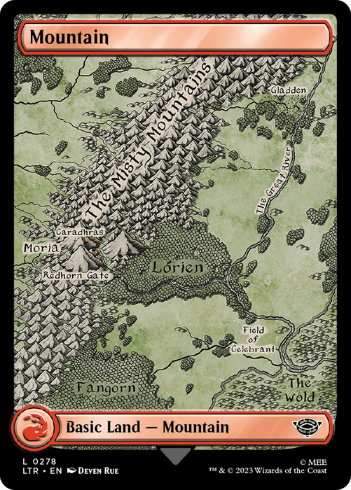 A Magic: The Gathering card titled "Mountain (278) [The Lord of the Rings: Tales of Middle-Earth]" from the Tales of Middle-Earth series. The artwork showcases a detailed map of a mountainous region from The Lord of the Rings, featuring Lothlórien, Moria, and Fangorn Forest. With its red border and text box, it indicates a basic land type: Mountain.