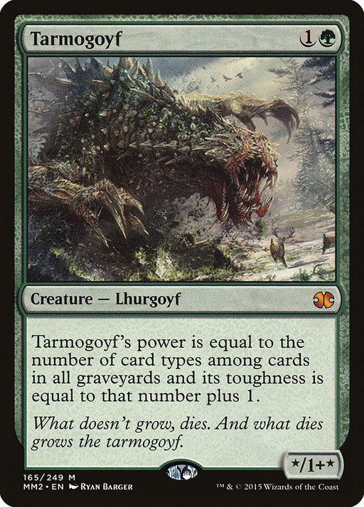 A Magic: The Gathering product named "Tarmogoyf [Modern Masters 2015]," featured in the Modern Masters 2015 set. It costs 1 generic and 1 green mana, is a Lhurgoyf creature with power and toughness based on card types in graveyards plus 1 power. Card number 165/249, artwork by Ryan Barger showcasing a monstrous, plant-like being.