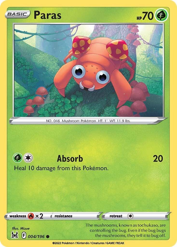 A Paras (004/196) [Sword & Shield: Lost Origin] card from Pokémon features a cartoonish mushroom Pokémon in a lush forest setting. Paras has large eyes, a red body, and mushrooms on its back. The card's moves include 