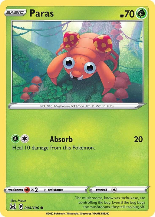 A Paras (004/196) [Sword & Shield: Lost Origin] card from Pokémon features a cartoonish mushroom Pokémon in a lush forest setting. Paras has large eyes, a red body, and mushrooms on its back. The card's moves include "Absorb," which heals 10 damage. The green and yellow background accentuates various game stats along the edges.