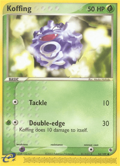 An image of a Pokémon trading card from the Ruby & Sapphire series featuring Koffing. This Common, Basic Pokémon has 50 HP and is set against a green and yellow background. Koffing's moves include Tackle (10 damage) and Double-edge (30 damage, with 10 recoil). The product name for this card is 