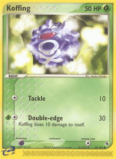 An image of a Pokémon trading card from the Ruby & Sapphire series featuring Koffing. This Common, Basic Pokémon has 50 HP and is set against a green and yellow background. Koffing's moves include Tackle (10 damage) and Double-edge (30 damage, with 10 recoil). The product name for this card is "Koffing (54/109) [EX: Ruby & Sapphire]" by Pokémon.