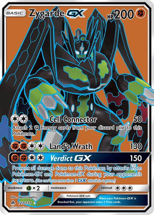 A trading card from the Pokémon series featuring Zygarde GX, a black and green anthropomorphic dragon-like creature with blue highlights. This Ultra Rare card shows its HP as 200 and lists three attacks: Cell Connector (50 damage), Land's Wrath (130 damage), and Verdict GX (150 damage). Numbered 123/131 from the Sun & Moon: Forbidden Light set.