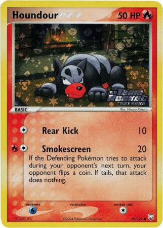 An image of a Pokémon card from the EX: Team Rocket Returns set features Houndour (59/109). This basic Fire Type card, marked with Common Rarity, showcases Houndour with 50 HP against a fiery background. It includes two attacks: "Rear Kick" dealing 10 damage, and "Smokescreen" dealing 20 damage plus an additional effect.