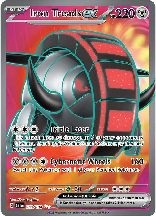 A Secret Rare Pokémon trading card featuring Iron Treads ex (233/198) [Scarlet & Violet: Base Set] from Pokémon, boasting 220 HP. Numbered 233/198 as a basic Metal Type Pokémon, it wields "Triple Laser" (30 damage to 3 foes) and "Cybernetic Wheels" (160 damage). The card's vivid background sparkles with crystal-like effects and symbols for its traits.