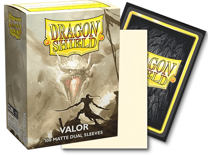 Image of Dragon Shield: Standard 100ct Sleeves - Valor (Dual Matte) packaging by Arcane Tinmen. The front of the box features an illustration of a warrior facing a roaring dragon. The box text reads "Dragon Shield" at the top, with "Valor 100 Matte Dual Sleeves" below. These fully opaque sleeves showcase a black interior. An open sleeve package is displayed beside the box.