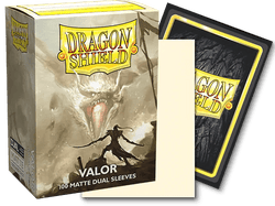 Image of Dragon Shield: Standard 100ct Sleeves - Valor (Dual Matte) packaging by Arcane Tinmen. The front of the box features an illustration of a warrior facing a roaring dragon. The box text reads "Dragon Shield" at the top, with "Valor 100 Matte Dual Sleeves" below. These fully opaque sleeves showcase a black interior. An open sleeve package is displayed beside the box.