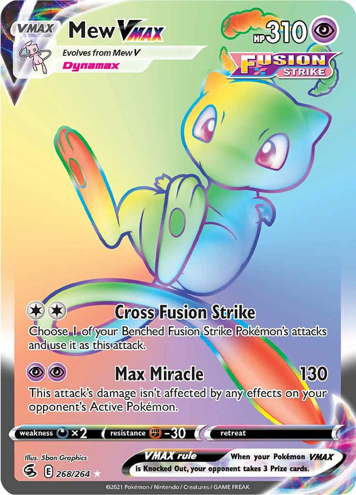 A colorful Pokémon trading card from the Sword & Shield: Fusion Strike series features Mew VMAX (268/264) with 310 HP. The card showcases a whimsical, neon-colored Mew in a dynamic pose. As a Secret Rare, it includes abilities: Cross Fusion Strike and Max Miracle, plus the Fusion Strike logo and detailed stats like weakness, resistance, and retreat cost.