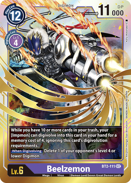 Introducing the Beelzemon [BT2-111] card from the Digimon Release Special Booster Ver.1.0 collection, featuring a fearsome Demon Lord in black armor with a large gun arm, soaring through a fiery background. This Secret Rare card boasts a play cost of 12, is at level 6, and has 11,000 DP. The special abilities and effects are detailed in a text box at the bottom.