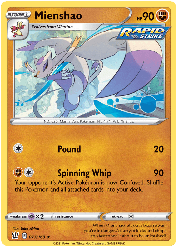 A Pokémon Mienshao (077/163) [Sword & Shield: Battle Styles] from the Pokémon Sword & Shield Battle Styles series featuring Mienshao, a Rapid Strike martial arts Pokémon. With 90 HP and evolving from Mienfoo, the card showcases Mienshao in a dynamic pose and includes two attacks: Pound (20 damage) and Spinning Whip (90 damage). Illustrated by Taira Akitsu, it's card number 077/163.