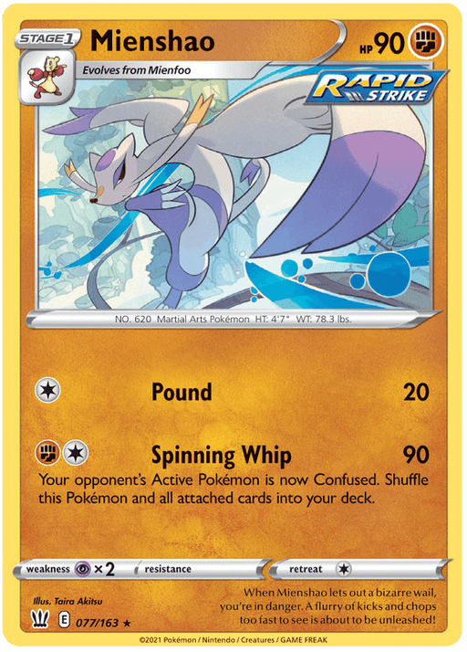 A Pokémon Mienshao (077/163) [Sword & Shield: Battle Styles] from the Pokémon Sword & Shield Battle Styles series featuring Mienshao, a Rapid Strike martial arts Pokémon. With 90 HP and evolving from Mienfoo, the card showcases Mienshao in a dynamic pose and includes two attacks: Pound (20 damage) and Spinning Whip (90 damage). Illustrated by Taira Akitsu, it's card number 077/163.