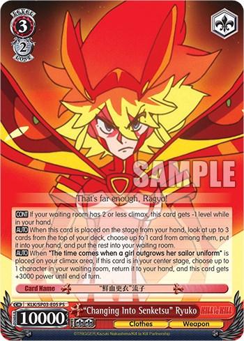A card from the Bushiroad Weiss Schwarz Kill la Kill Power Up Set featuring "Changing Into Senketsu" Ryuko [Kill La Kill Power Up Set]. The character card showcases Ryuko in a dynamic, fiery battle stance, wielding a weapon. This Promo Rarity card is red with multiple stats and effects listed, including a power level of 10,000 and a climax effect.