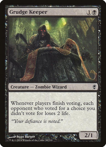 The Magic: The Gathering card "Grudge Keeper [Conspiracy]" showcases a sinister, hooded Zombie Wizard seated on a throne and clutching a scroll. Its text reads: "Whenever players finish voting, each opponent who voted for a choice you didn't vote for loses 2 life." Illustrated by Ryan Barger, it is card number 28 out of 210 in the 2014 Conspiracy set. This creature