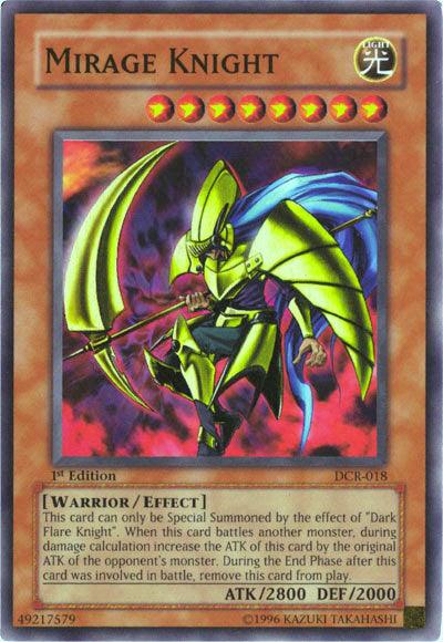 Image of the "Mirage Knight [DCR-018] Super Rare" Yu-Gi-Oh! card. It features a warrior in green and yellow armor wielding a sword and shield. The 1st Edition Super Rare card with the number DCR-018 boasts 2800 attack points and 2000 defense points, with an effect that modifies attacks when battling another monster.