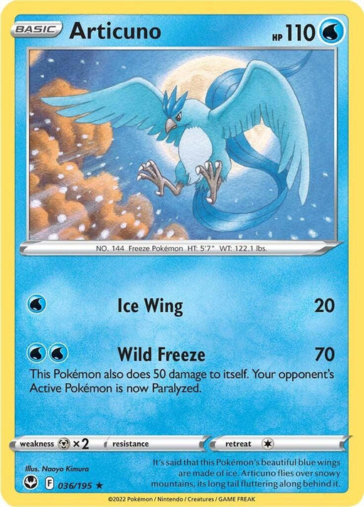 Articuno (036/195) [Sword & Shield: Silver Tempest] Pokémon card. The illustrated Holo Rare card from the Sword & Shield: Silver Tempest set shows Articuno, a blue, bird-like Pokémon with spread wings, against a snowy mountain backdrop. Statistics: HP 110, two moves - Ice Wing (20 damage) and Wild Freeze (70 damage), with a status effect of paralysis. Illustrator: Naoyo Kimura.
