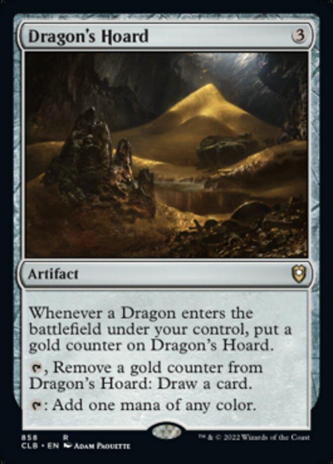 A Magic: The Gathering card titled "Dragon's Hoard [Commander Legends: Battle for Baldur's Gate]." This artifact, costing 3 generic mana, features artwork of a treasure-filled rocky cavern. It triggers effects when a Dragon enters the battlefield and has abilities to draw a card and add mana.