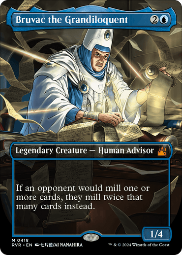 A Magic: The Gathering card from "Ravnica Remastered" featuring Bruvac the Grandiloquent (Anime Borderless) [Ravnica Remastered], a Legendary Creature - Human Advisor. Bruvac is a bearded man in regal blue and white robes with a cape, surrounded by floating books and scrolls. It costs 2 colorless and 1 blue mana, with 1 power and 4 toughness. If an opponent would