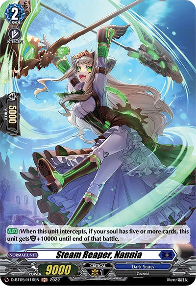 A fantasy-themed card from the trading card game "Cardfight!! Vanguard," launched by Bushiroad, showcases "Steam Reaper, Nannia (D-BT05/H16EN) [Triumphant Return of the Brave Heroes]." The character is illustrated wearing a steampunk-inspired outfit adorned with green and purple accents and wielding a scythe. The Holo background features swirling blue energy, and the text on the card details its abilities and stats.