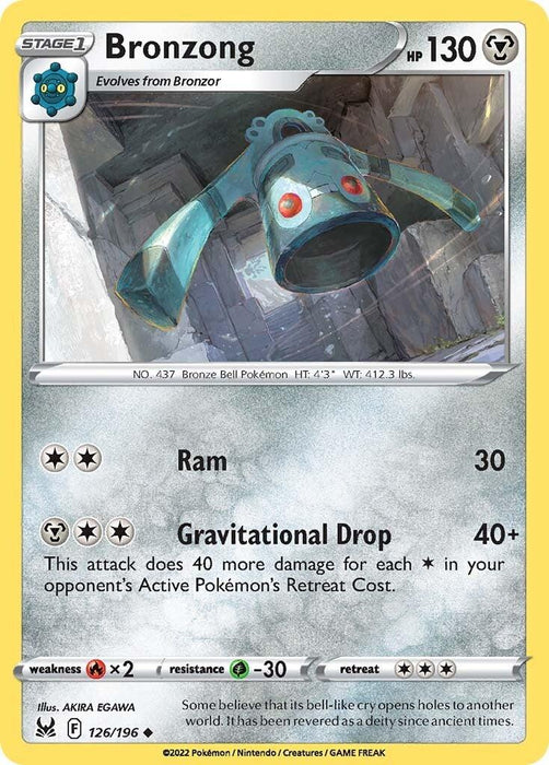 A Pokémon Bronzong (126/196) [Sword & Shield: Lost Origin] card features Bronzong, a teal, bell-shaped creature with red eyes. Set in a metallic, industrial background, it boasts 130 HP and two moves: Ram, causing 30 damage, and Gravitational Drop from the Lost Origin expansion, causing 40+ damage depending on the opponent's Pokémon.