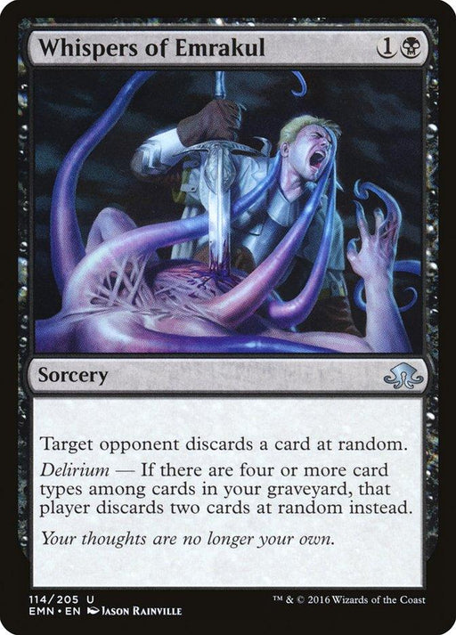 The image is a Magic: The Gathering card titled "Whispers of Emrakul [Eldritch Moon]." It shows a terrified man being ensnared by purple tentacles, with a sword pointed at his chest. The card's text reads: "Target opponent discards a card at random..." The artist is Jason Rainville.