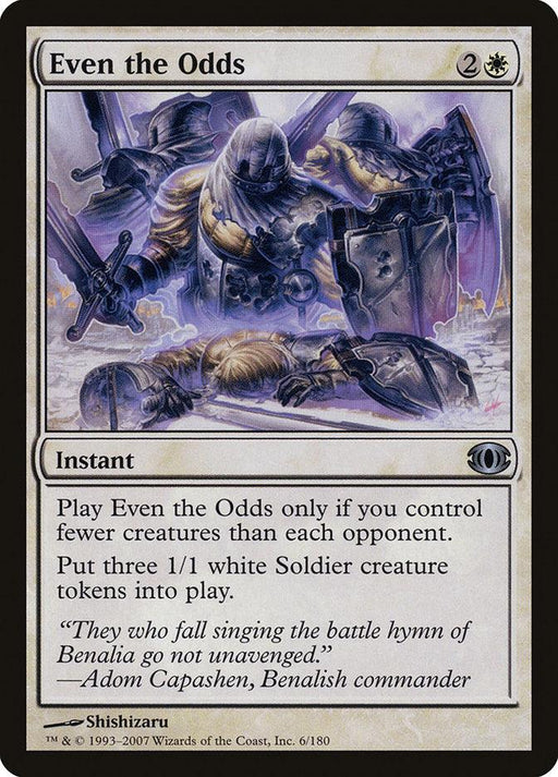 Magic: The Gathering card titled "Even the Odds [Future Sight]." The artwork, with Future Sight style, depicts soldiers in armor fighting, one fallen on the ground. This white-themed instant spell costs three generic and one white mana. If conditions are met, it creates three 1/1 white Soldier creature tokens led by Adom Capashen.